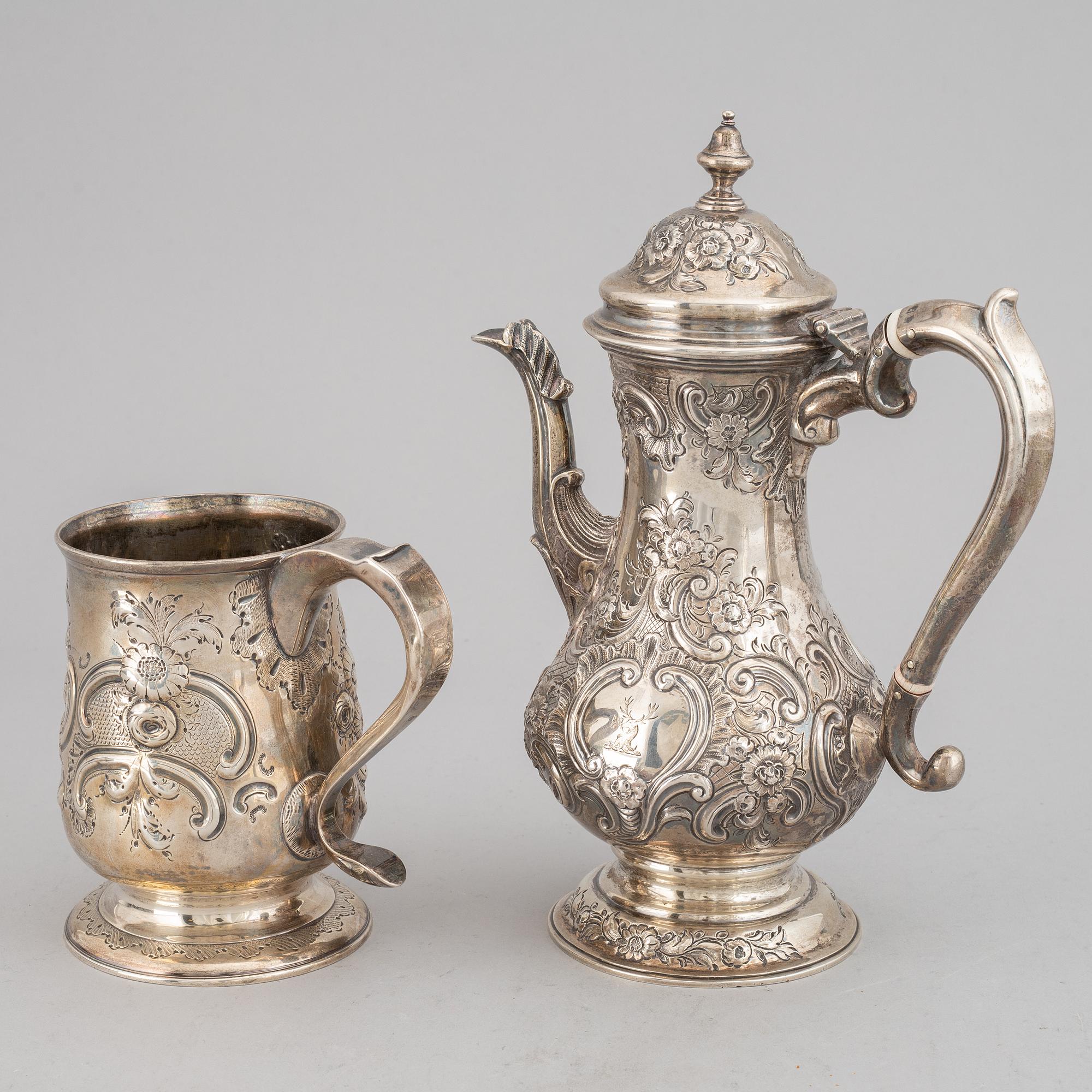 A silver jug and coffee pot, including  John Langlands I & John Robertson I, Newcastle 1788.