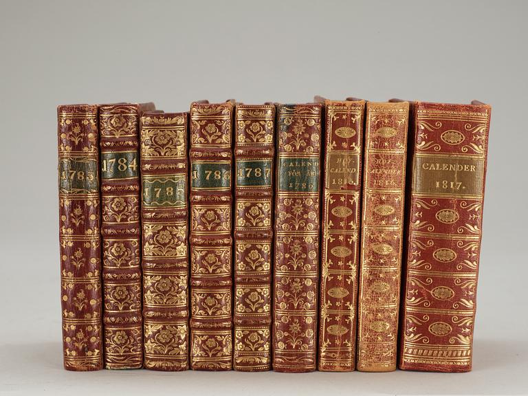 ROYAL BINDINGS, red morocco, 46 calenders 1783-1817, 43 with (duchess)  queen Hedvig Elisabeth Charlottas monogram.