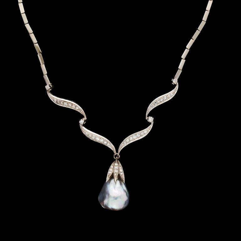 A gold, diamond and cultured Tahiti pear necklace.