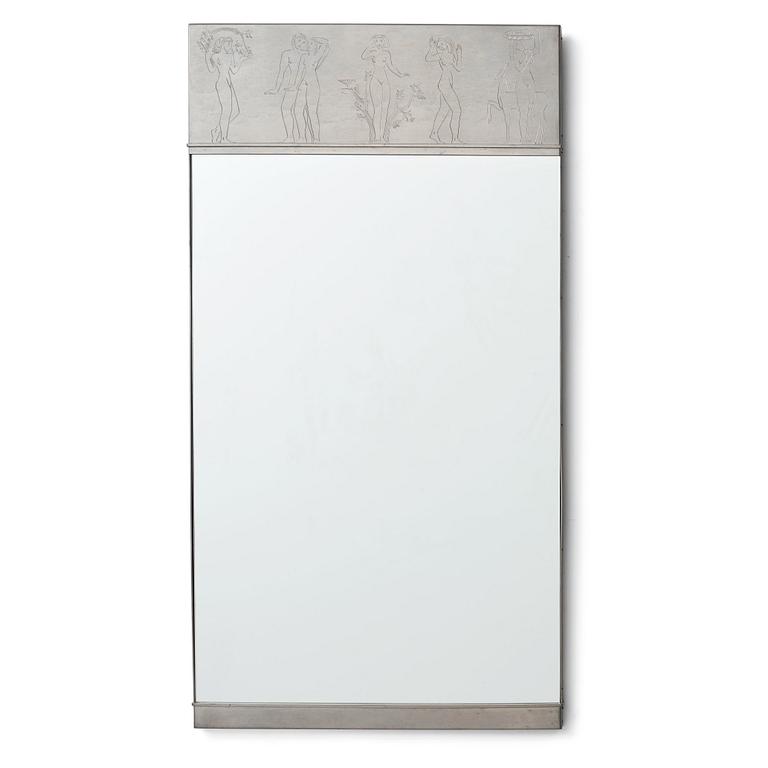 Ulla Fogelklou-Skogh, a pewter-framed wall mirror executed at Ystad-Tenn (Ystad-Brons), Sweden, 1940.