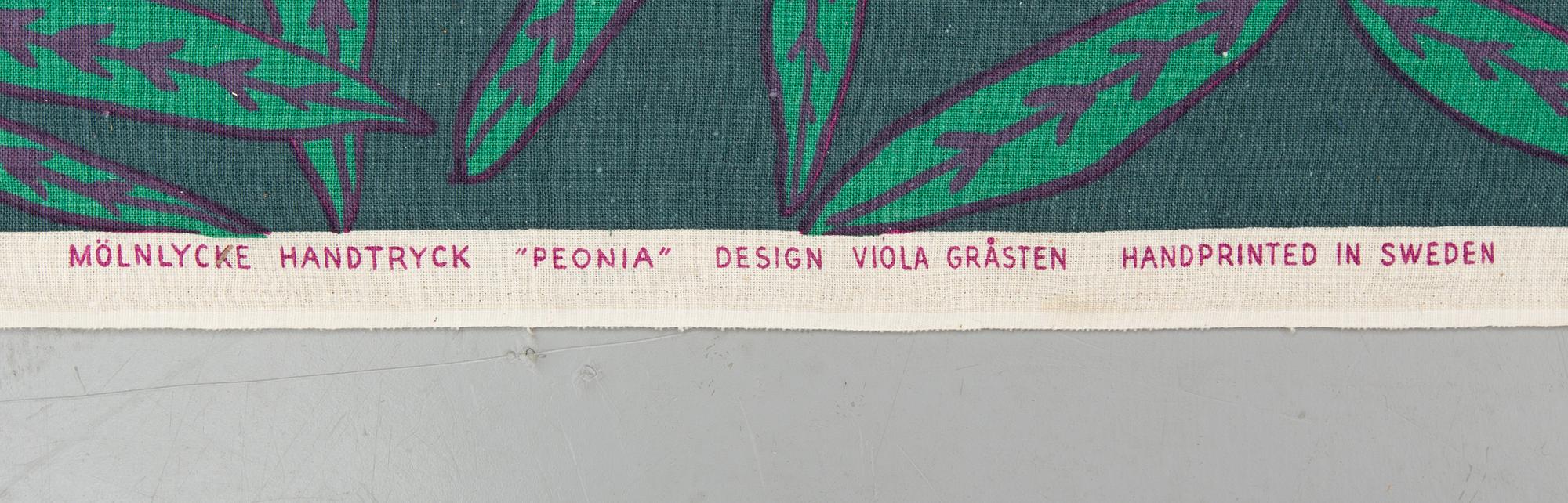 VIOLA GRÅSTEN, TYG, "Peonia", handtryckt, ca 566 x 124,5 cm (full bredd 131 cm), Mölnlycke.