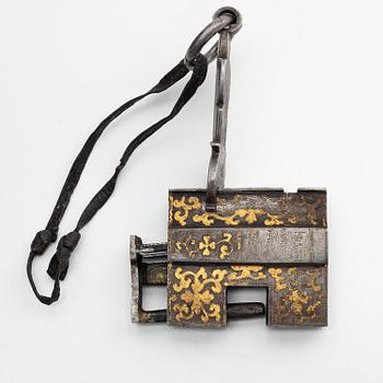 A large iron, silver and gold lock, Tibet, 17th/18th century.