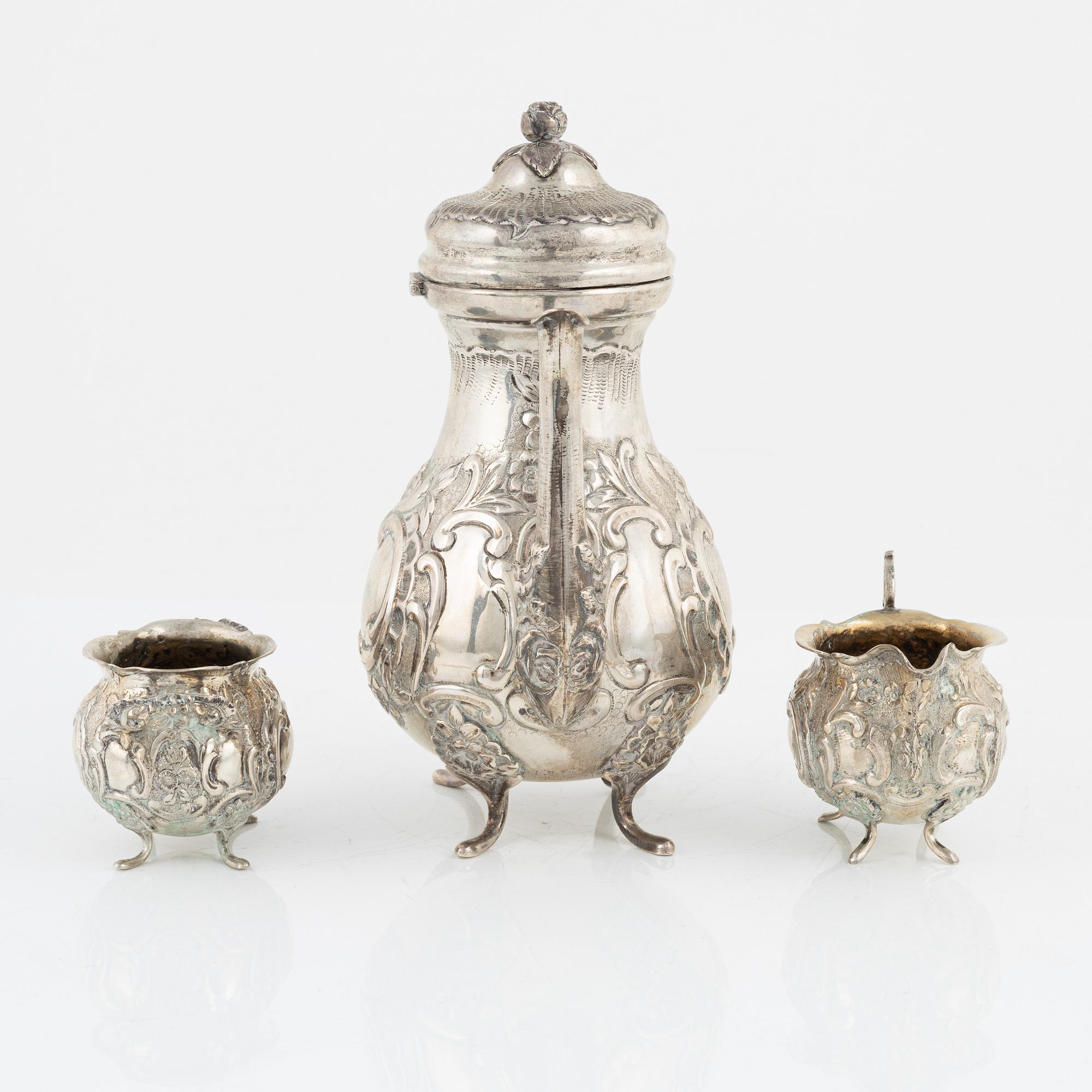 A three-piece Rococo style silver coffee set, possibly Norway, mid 20th century.