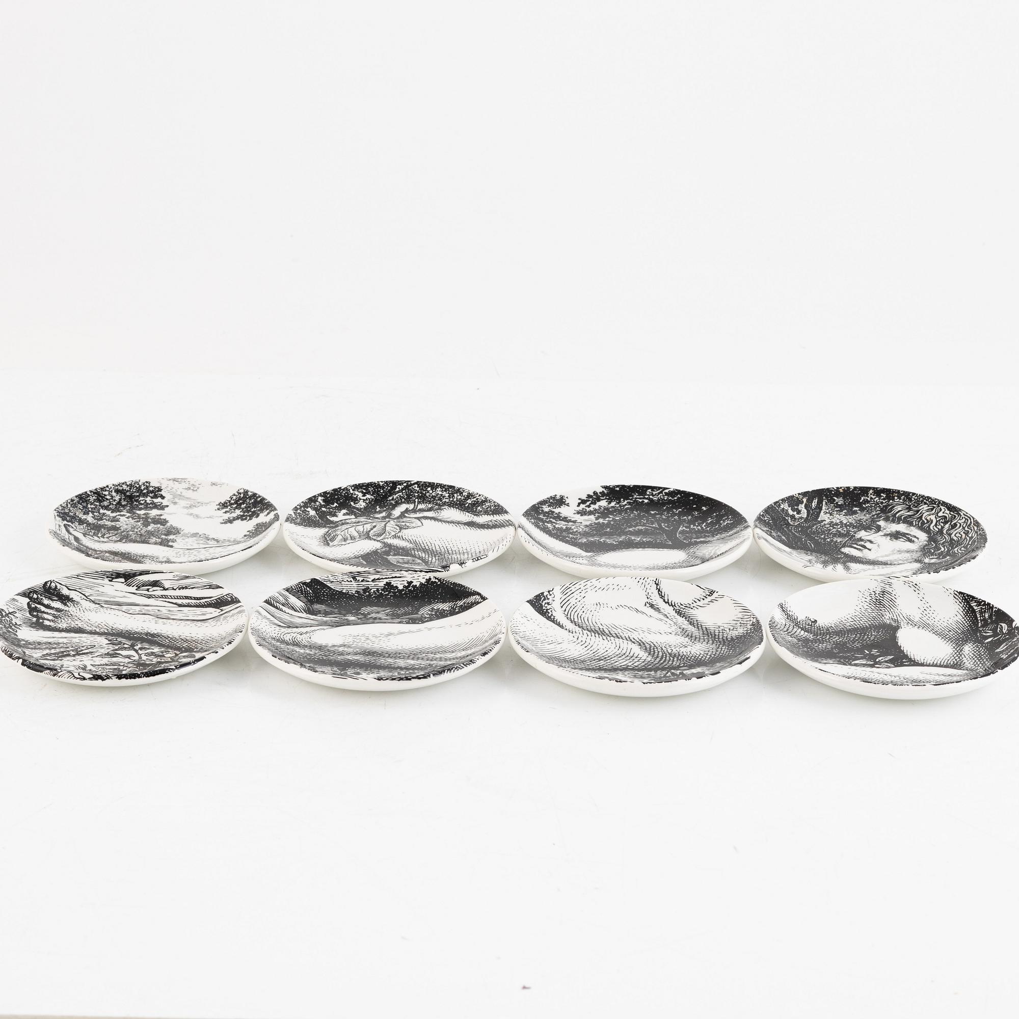 Piero Fornasetti, glasunderlägg, 8 st, "Adamo ed Eva",flintgods, Milano, Italien, 1965.