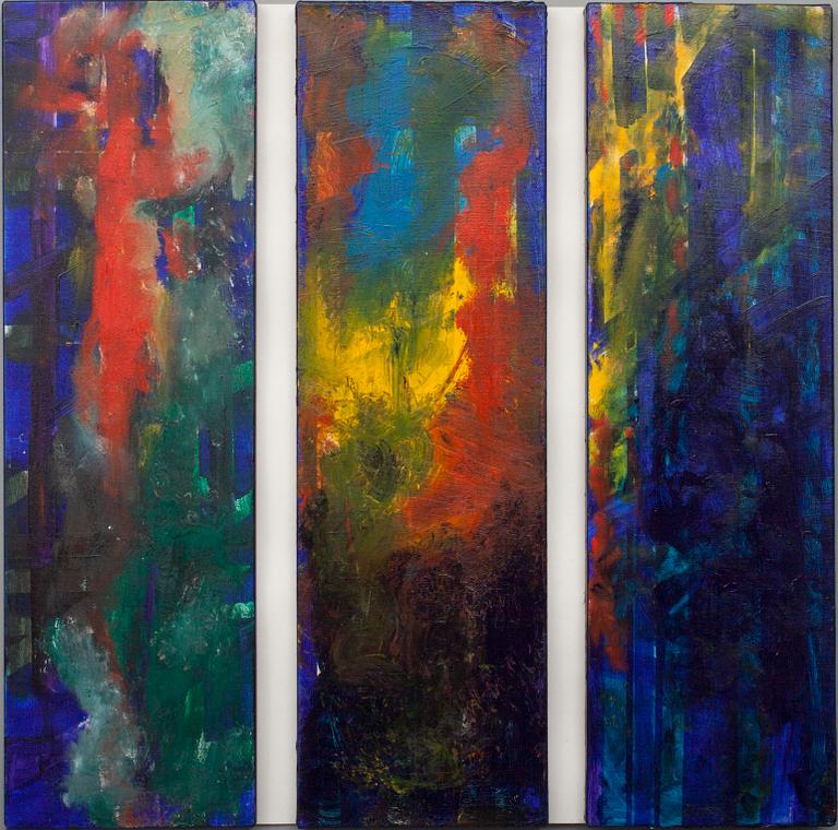 TUULA WALLATSAARI, triptyykki, öljy kankaalle, a tergo signeerattu ja päivätty -90.