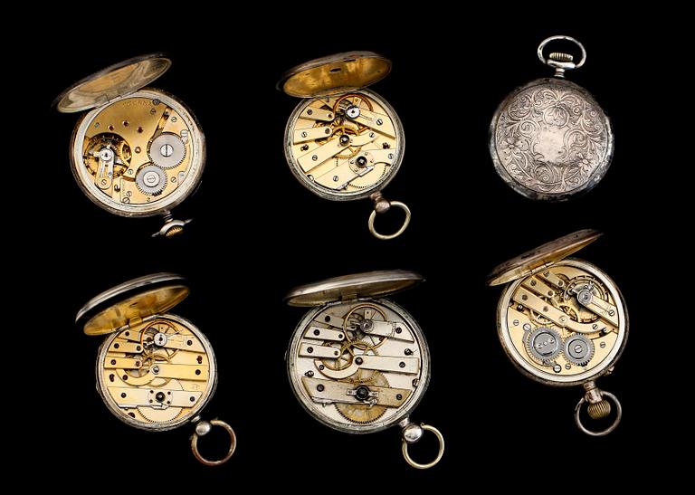 FICKUR, 6 st, varav tre silver, tre vitmetall, bl a Eterna, 1900-talets första hälft.