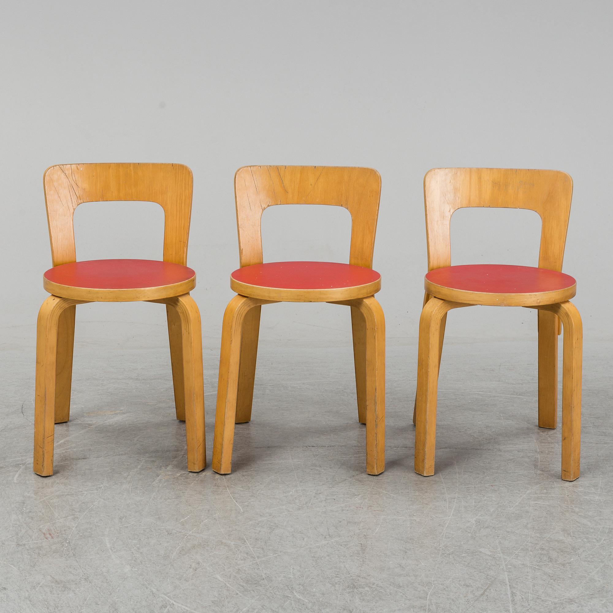 Three Alvar Aalto chairs, modell 65 for Artek.