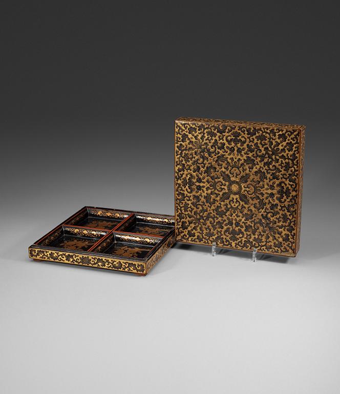 A black and gold lacquer box and cover containing a cabaret, late Qing dynasty (1644-1912).