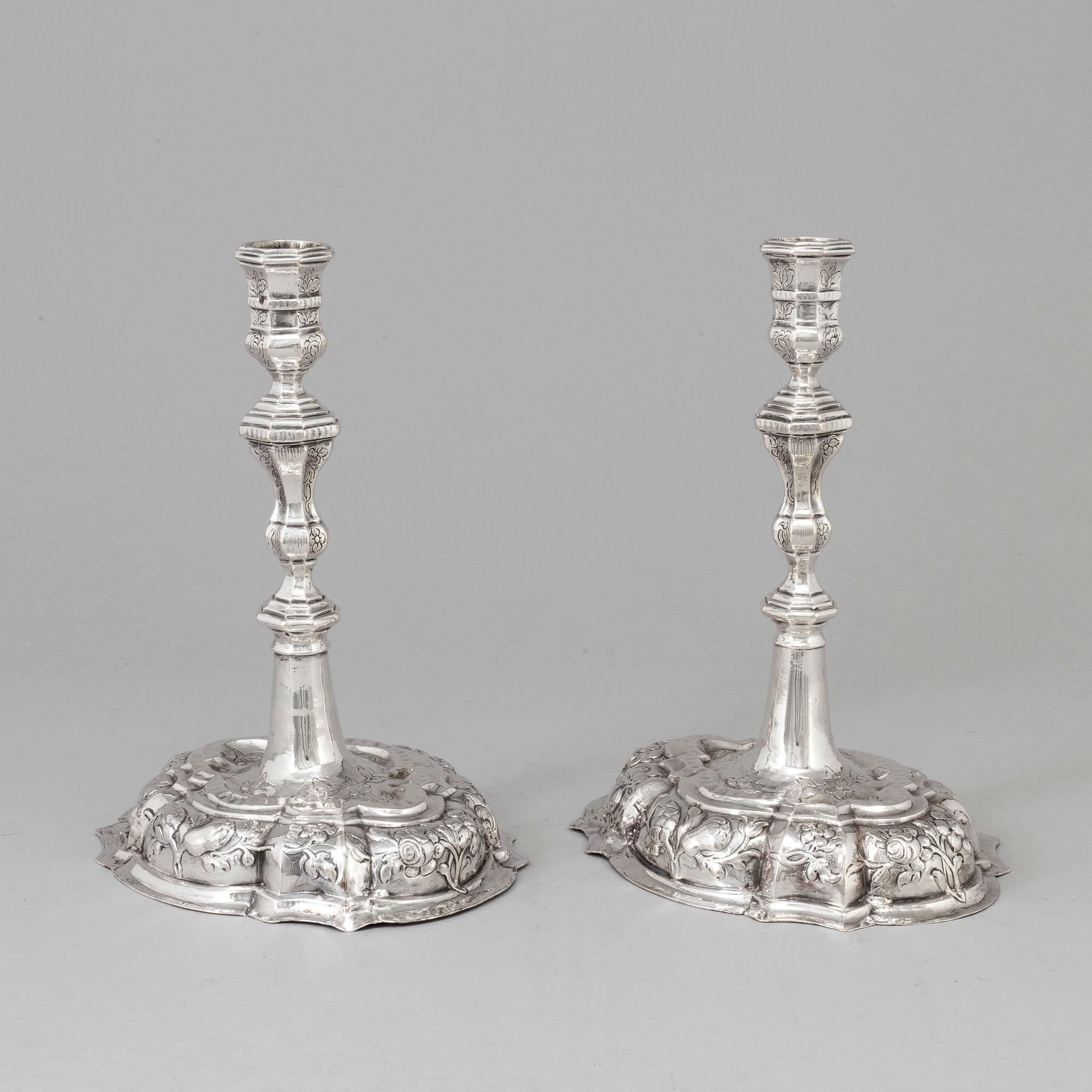A pair of 18th century silver candlesticks, unidentified makers mark, Breslau 1737-1745.