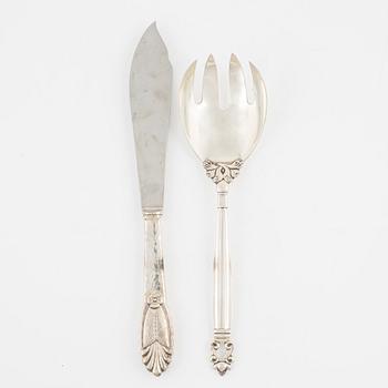 A Georg Jensen serving fork, "Acorn",  and a cake knife, sterling silver, Denmark.