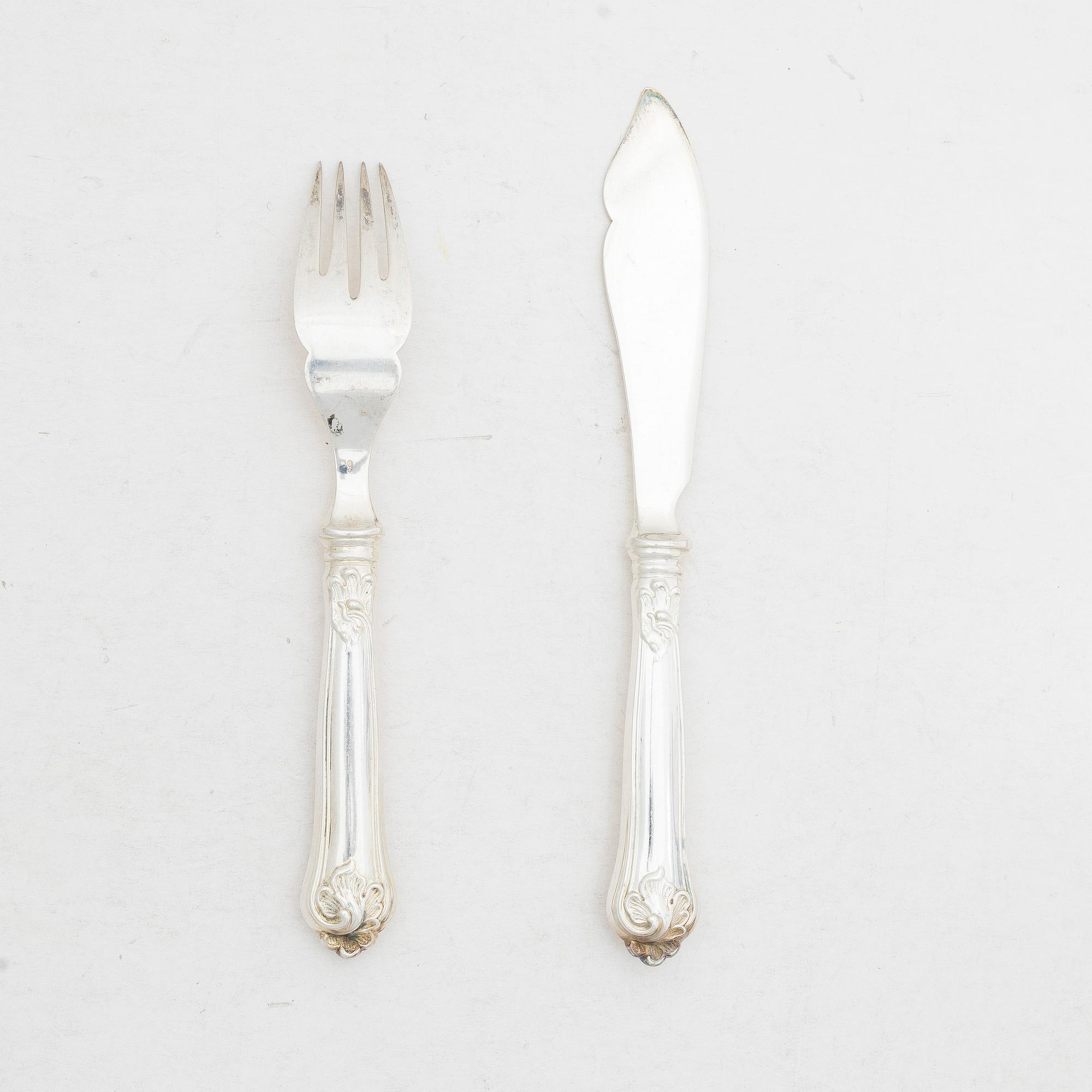 Fiskbestick, 16 st, silver, "Sachsisk", svensk importstämpel.