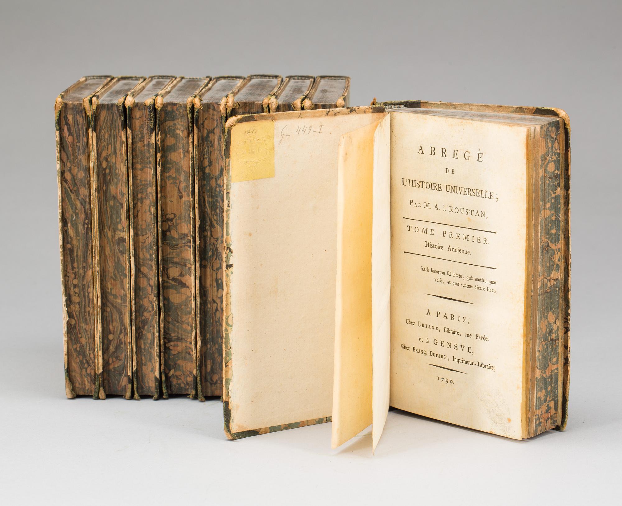 BÖCKER, volym 1-9 "Abrégé de l'histoire universelle" av M. A. J. Roustan, 1790.