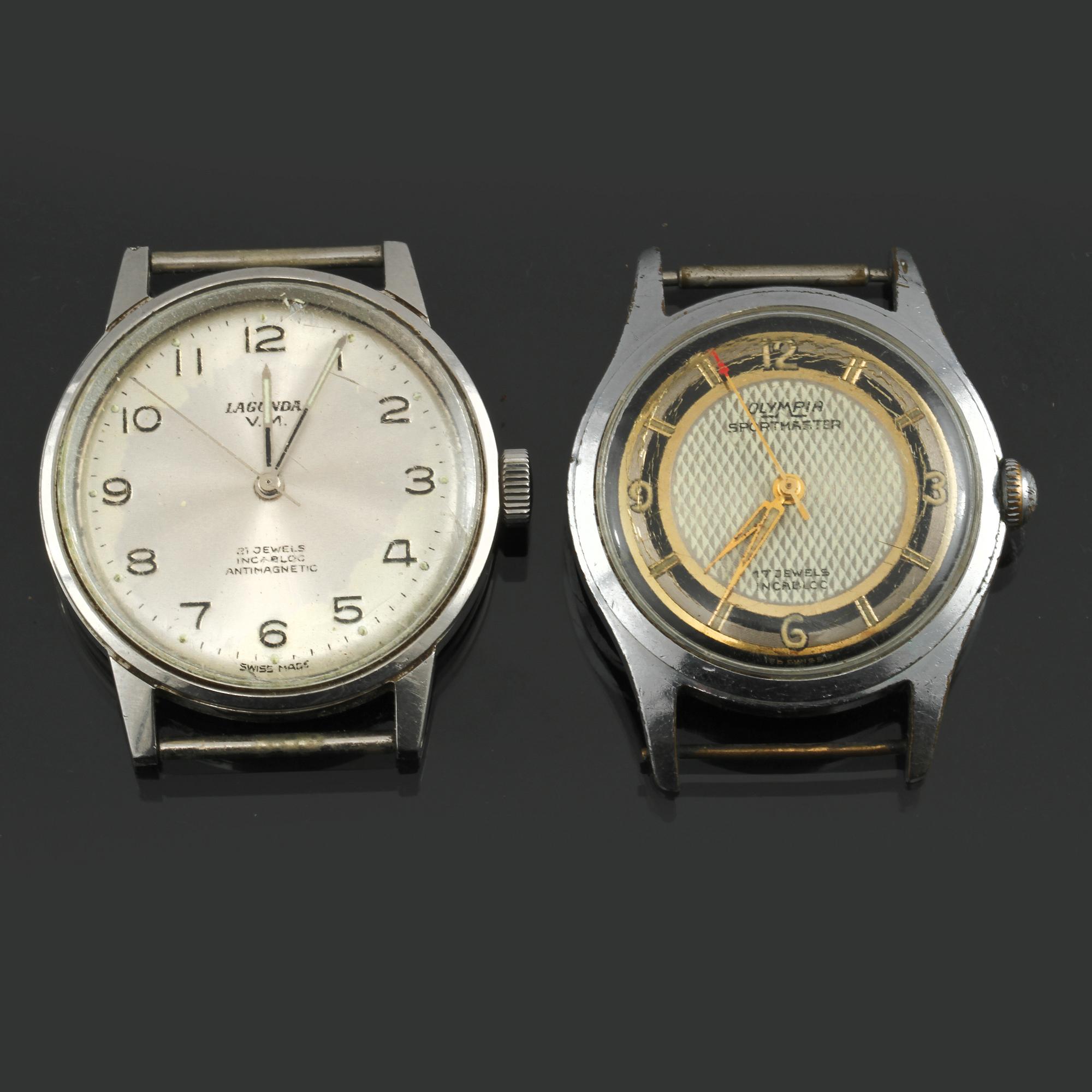ARMBANDSUR, 2 st, stål, "V.M", Lagonda samt "sportmaster", Olympia, 1900-talets andra hälft.