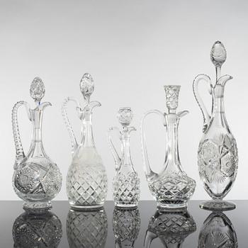 KARAFFER, 5 stycken, glas, 1900-talets första hälft.