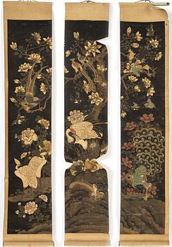 A set of three scoll paintings/wall paper panels, Qing dynasty.
