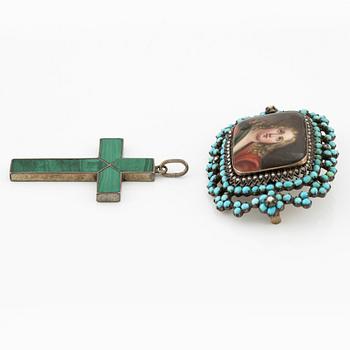 Pendant, cross, and brooch.