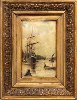 Okänd konstnär 1800/1900-tal , Hamnvy med fartyg.