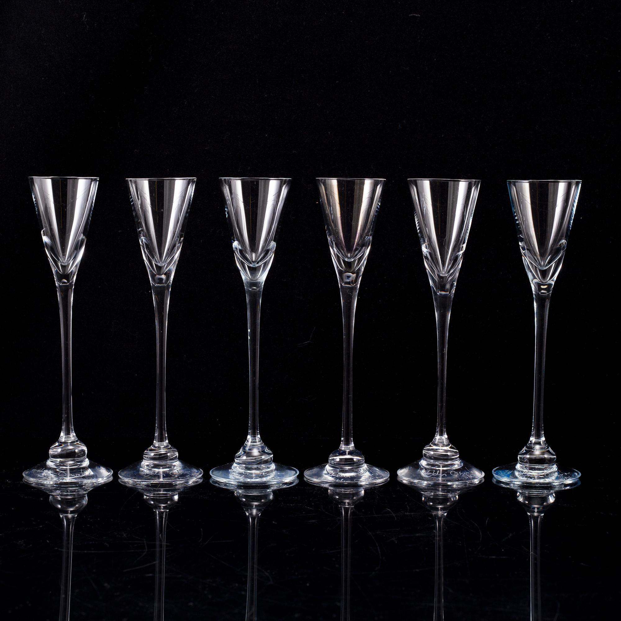 6 glasses, "Aurora", signed Heikki Orvola, Finn Crystal, Arabia Finland and Nuutajärvi.