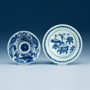 1775. A blue and white bowl and a small dish, Transition, 17th Century.