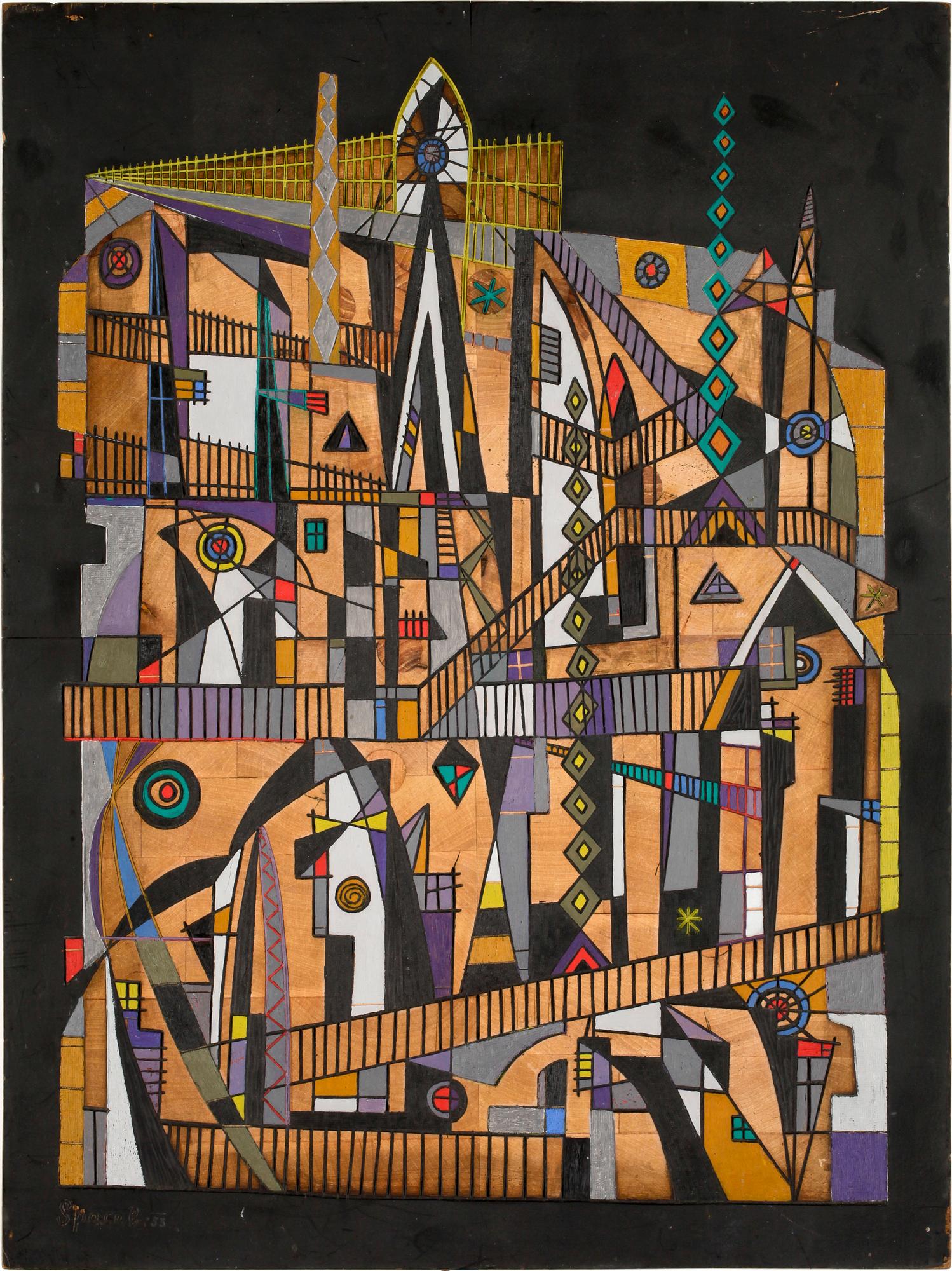 LOJZE SPACAL, komposition på trä, sign och dat -53.