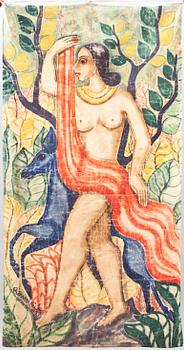 MÅLNING, bemålad textil. Art Deco, signerad Rönnbäck daterad 1947.