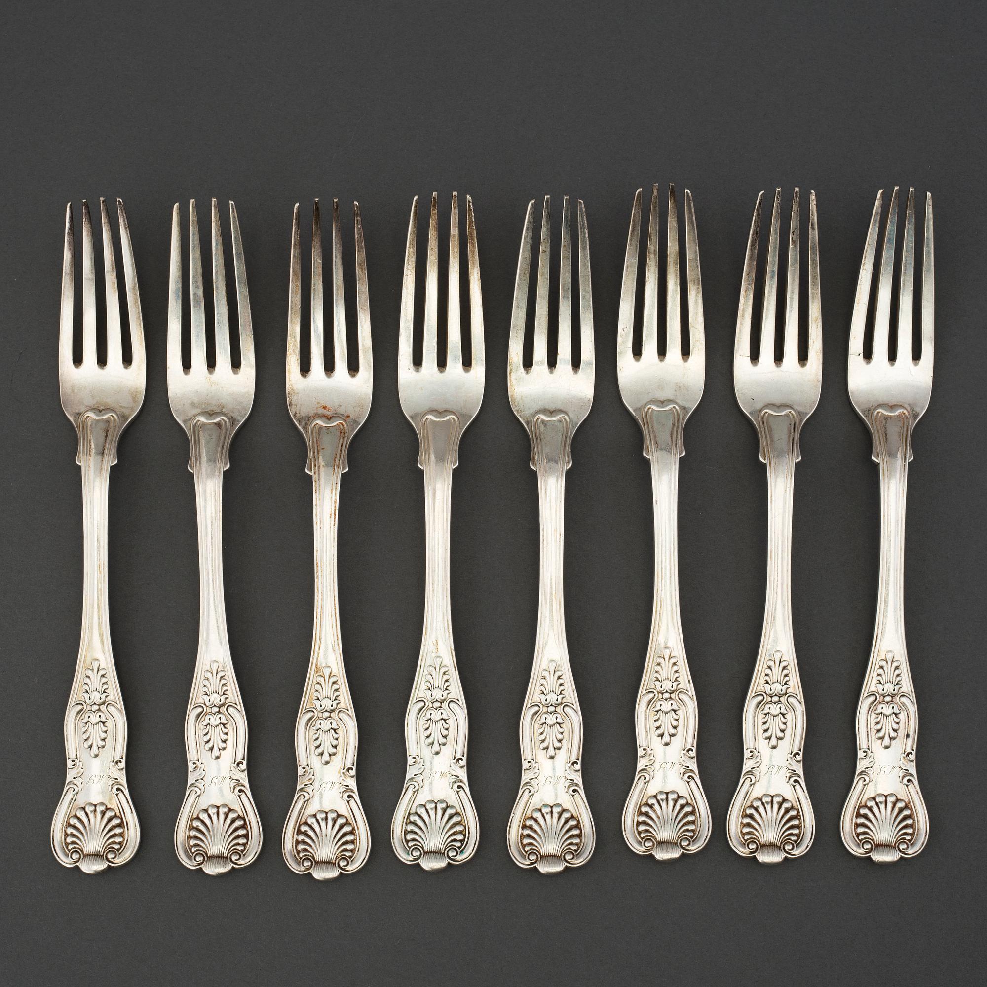 A set of 8 silver forks by Gustaf Möllenborg, Stockholm 1844.
