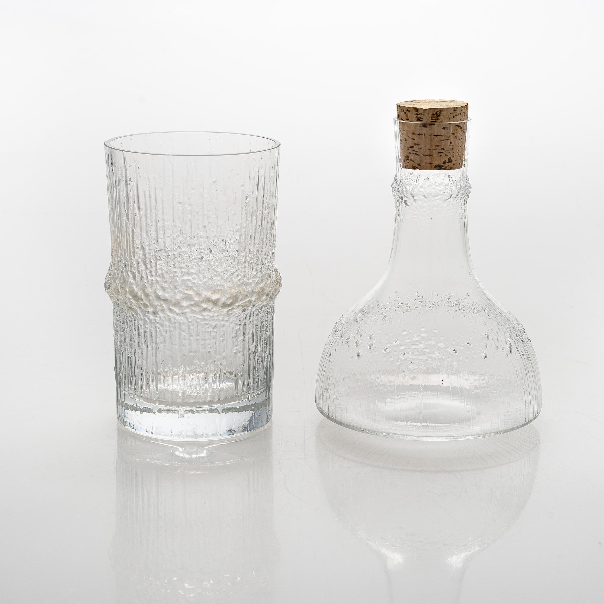 Tapio Wirkkala, six 'Niva' glasses in wood box, carafe and vase