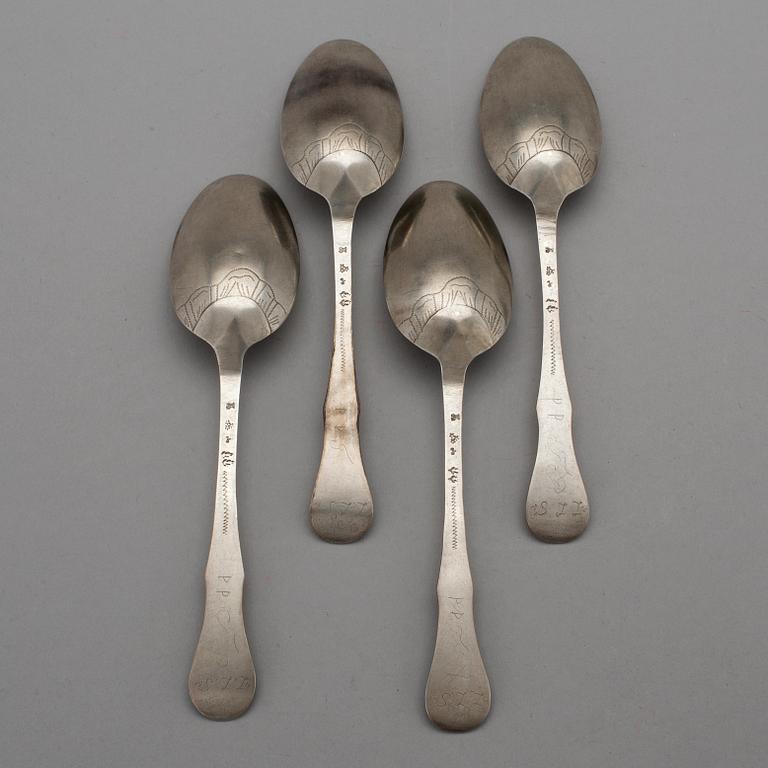 A SET OF FOUR SILVER TABLE SPOONS, possibly Belgium, 18th century.