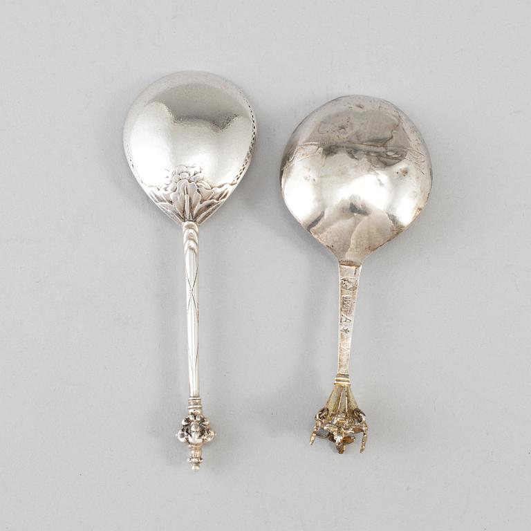 Two silver spoons, one marked Hans Wiggman, Kalmar 1749 one unmarked.