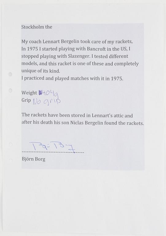 Tennisracket, Bancroft. Signerad Björn Borg, speciellt framtagen, första Bancroft-modellen använd i turneringar.