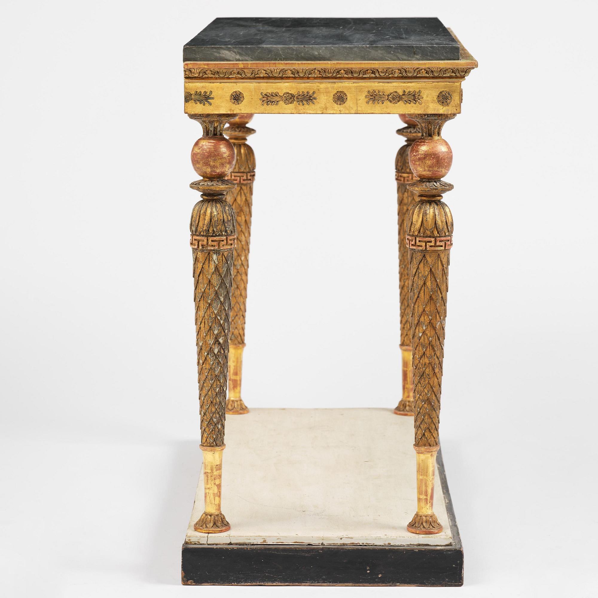 A late Gustavian giltwood console table in the manner of Jonas Frisk, Stockholm, circa 1800.