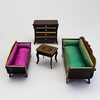 A set of ca 40 pieces of doll house furniture and accessories, including Waltershausen, Germany, 19/20th century.