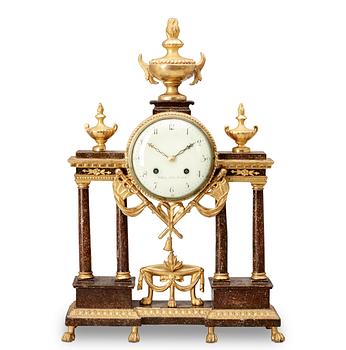 A late Gustavian porphyry imitation and gilt wood mantel clock by W. Pauli.