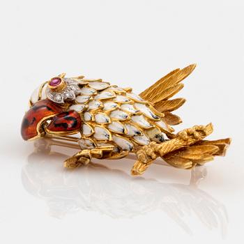 An 18K gold and enamel brooch set with eight-cut diamonds and a ruby.