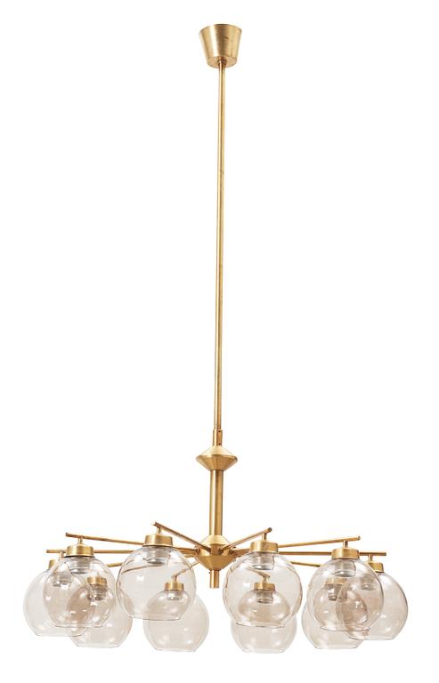 A ten-lights brass chandelier, probably by Hans-Agne Jakobsson, Markaryd, Sweden 1960's-70's.