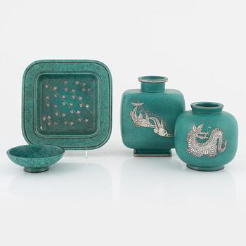 Wilhelm Kåge, vaser 2 st, skål och askfat, "Argenta", Gustavsberg.