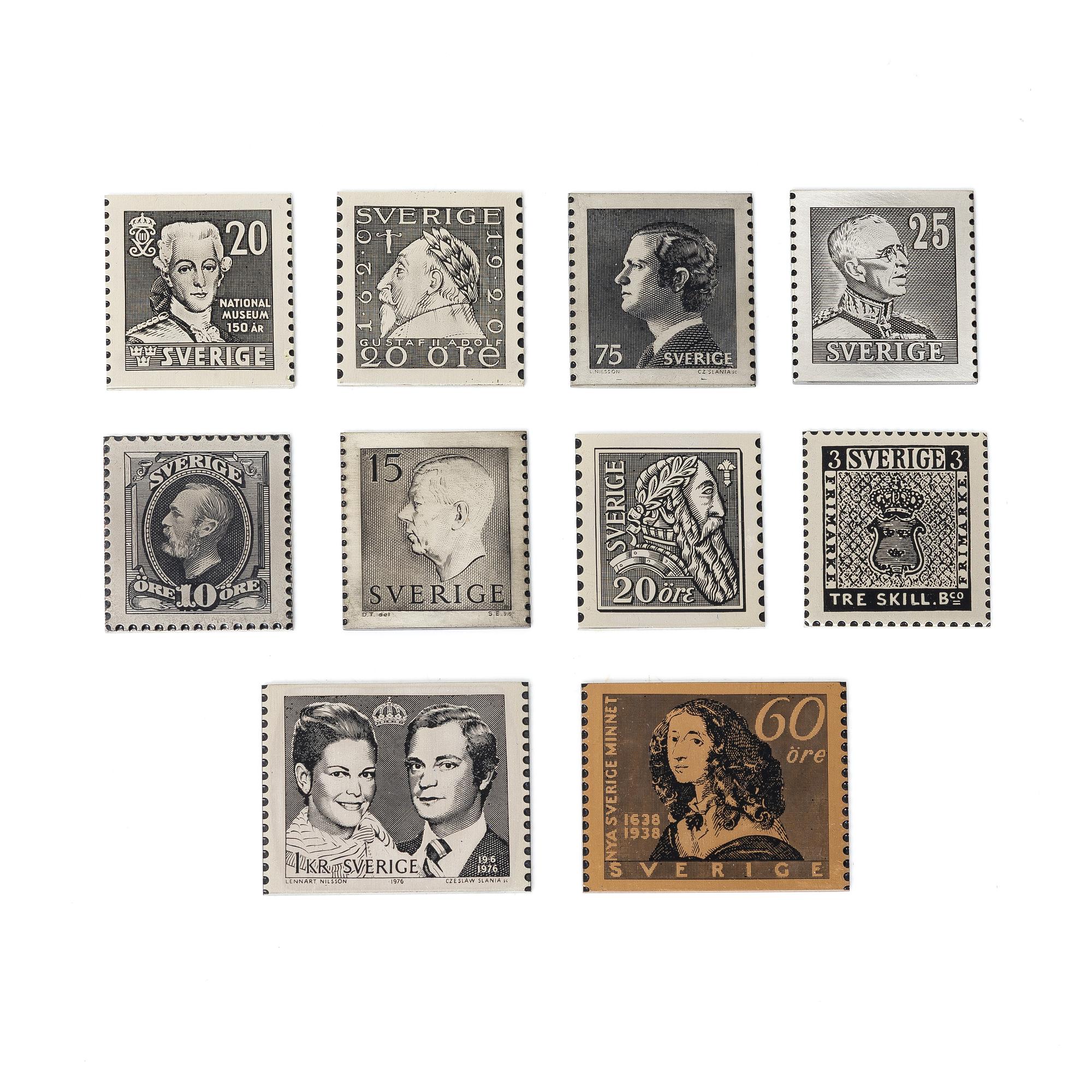 Frimärksplaketter, nio i silver samt en i brons, Guldfynd Plakett AB, bl a 1977.