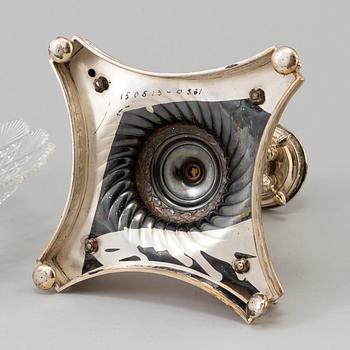 A SILVER AND GLASS PLATE ON STAND, C G Hallberg, Stockholm 1895. Silver weight ca 600 g.