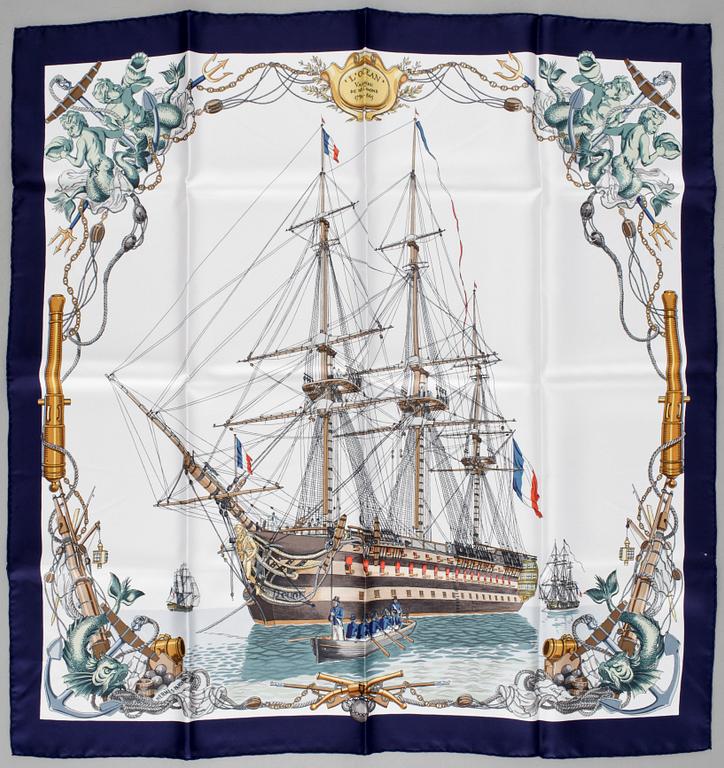A silk scarf "L'Ocean Vaisseu de 118 Canons 1790-1845" by Hermès.
