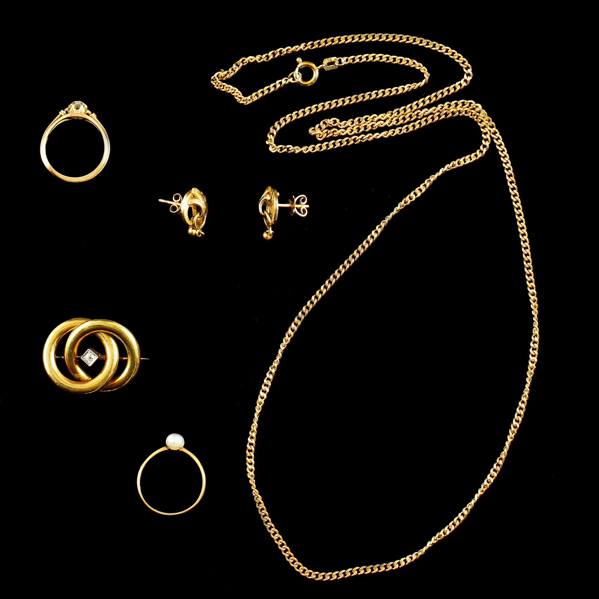 PARTI SMYCKEN, 5 delar, 18k guld, 1800/1900-tal. Vikt 29g.