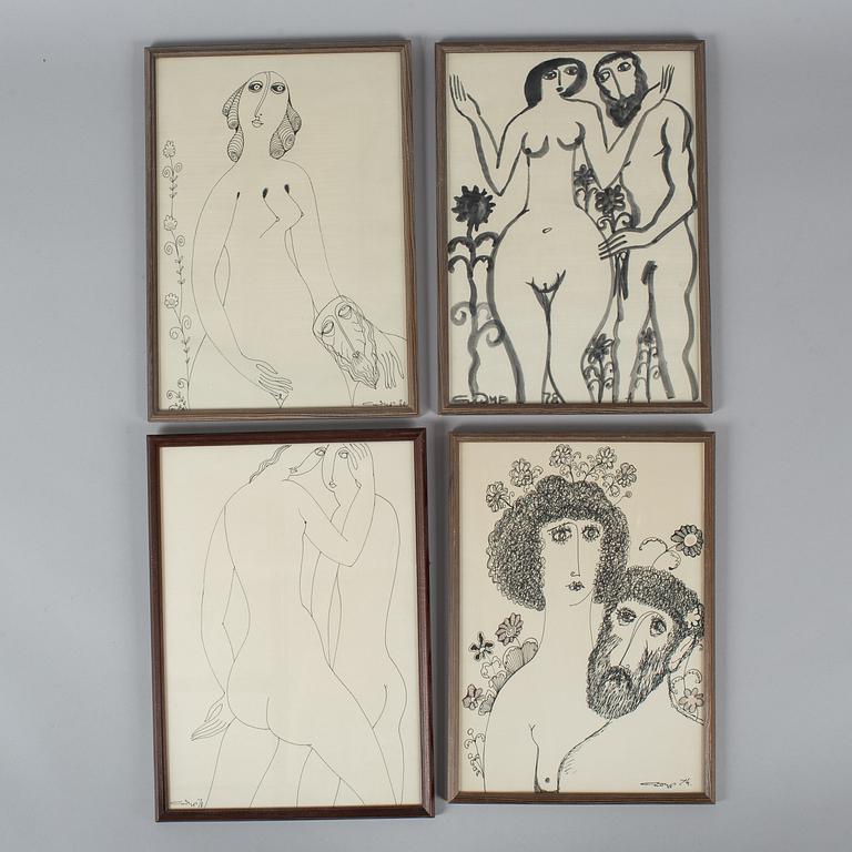 VADIM SIDUR, a set of 7 felt pen/ink drawings, signed and dated -70,  -74. -75, 78, -80.