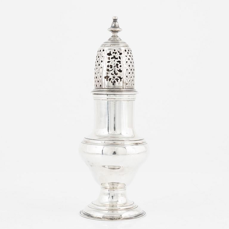 An English silver sugar shaker, marks of Benjamin Mordecai, London 1781.