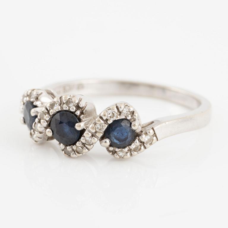 Ring, 14K white gold with sapphires and small eight-cut diamonds.