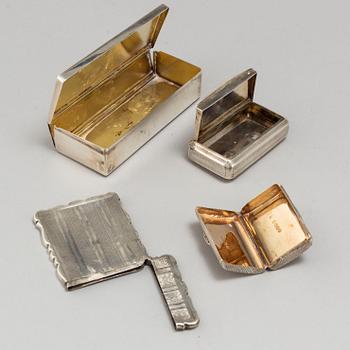 Five silver boxes and a salt shaker 19th and 20th Century.