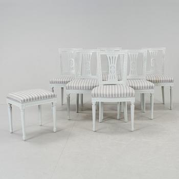 STOLAR, 6 st, samt TABURETT, gustaviansk stil, Malte Hall, Skåne, 1900-talets andra hälft.