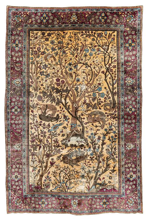 A pictoral silk Kashan 'Mohtasham' rug, c. 195 x 130 cm.