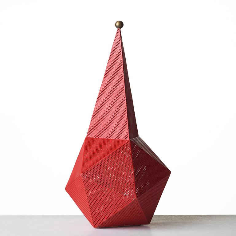 Mathieu Matégot, a "Bagdad" red lacquered perforated and corrugated sheet metal table lamp, ed. Atelier Mategot, France post 1954.