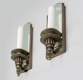 WALL LIGHTS, a pair of 1930's white metal and mirror glass.