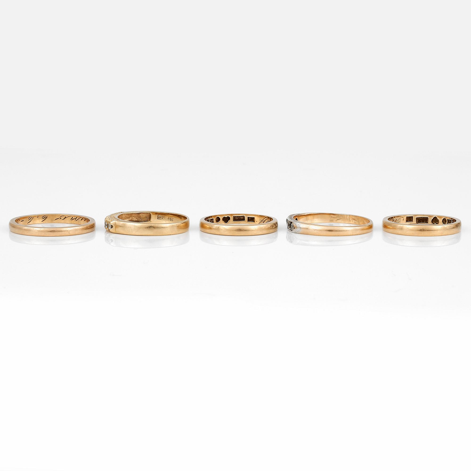 RINGAR, 5 st, mestadels 1900-talets andra hälft, 18K guld.