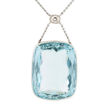 554. A platinum necklace with a faceted aquamarine and an oval old-cut diamond.